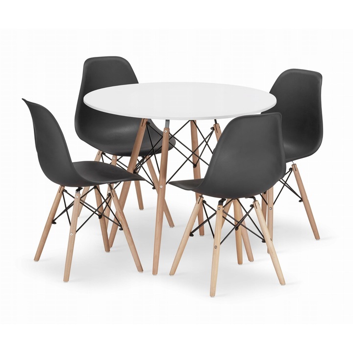 Set masa rotunda, OSKAR, TODI 90x72cm alb, 4 scaune OSAKA negre, material MDF/lemn de fag