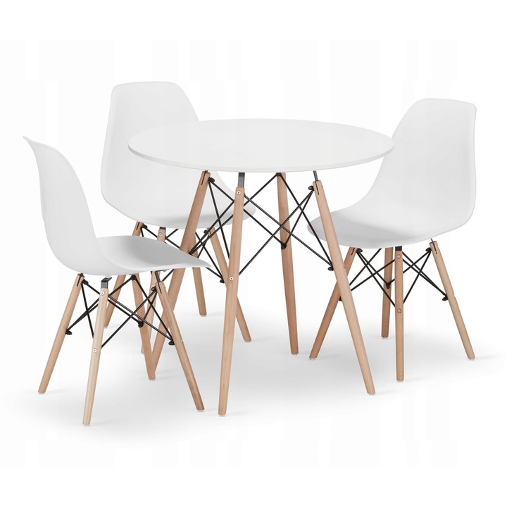 Set masa rotund, Oskar, TODI 80x72cm alb, 3 scaune OSAKA albe, 81x46x54cm