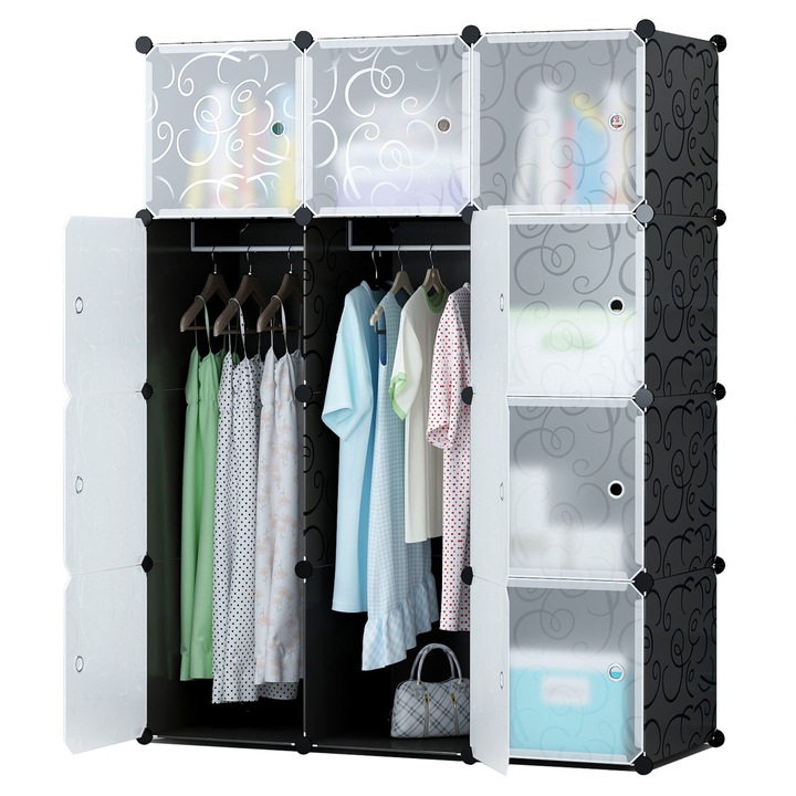 Dulap modular pentru haine, OSKAR, 12 compartimente, 2 module pentru haine, plastic, negru, 41x37x21cm