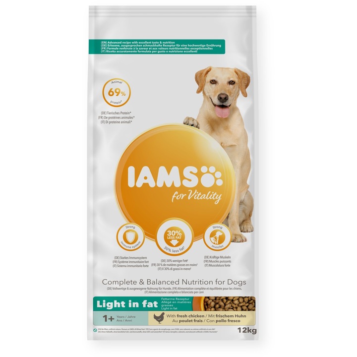 Hrana uscata IAMS pentru caini adulti sterilizati sau cu tendinta de ingrasare, cu pui 12 kg