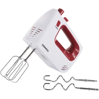 Mixer de mana Daewoo DHM122R, 300 W, 5 viteze, functie Turbo, accesoriu framantare, palete amestecare, carcasa ABS, Rosu Mixer de mana Daewoo DHM122R, 300 W, 5 viteze, functie Turbo, accesoriu framantare, palete amestecare, carcasa ABS, Rosu