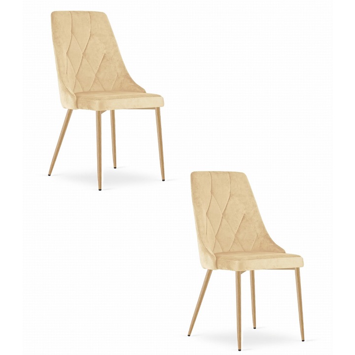 2 db IMOLA szék készlet, Oskar, modern design, bársony kárpitozott, bézs, 49,5x55,5x88 cm, fém lábak