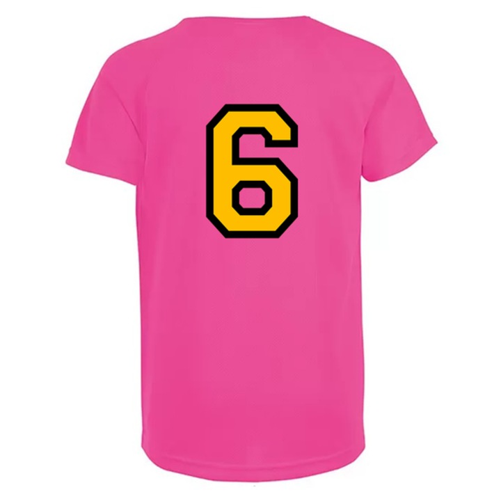 Gyerekcsapat mez, hátul számozott, 6-os számmal, Rózsaszín