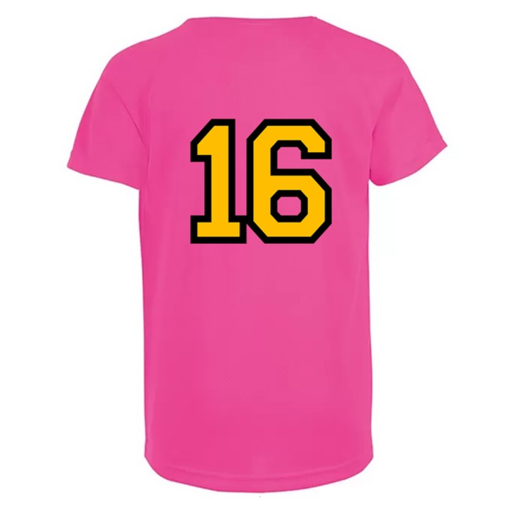Gyerekcsapat mez, hátul számozott, 16-os számmal, Rózsaszín