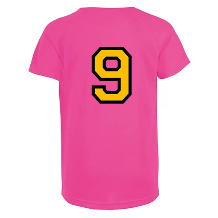 Gyerekcsapat mez, hátul számozott, 9-es számmal, Rózsaszín