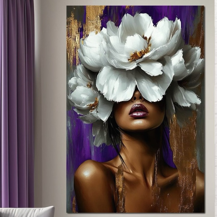 Премиум картина върху платно, LuxCanva® G1012, Флорална аура на жена, 100 X 135 см, 100% памучно платно 400 г/м2, дървена рамка, Венчелистчета, Цветя, Бяло, Чистота, Елегантност, Диво, Аура, Кралица, Хол, Спалня, Ярки цветове