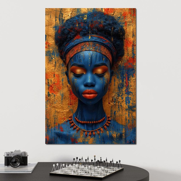 Първокласна картина на платно, LuxCanva® G1013, Етническа красота, 40 X 60 CM, 100% памучно платно 400 g/m2, дървена рамка, синьо, златно, лазурно, племенна, феминизъм, принцеса, всекидневна, спалня, живи цветове