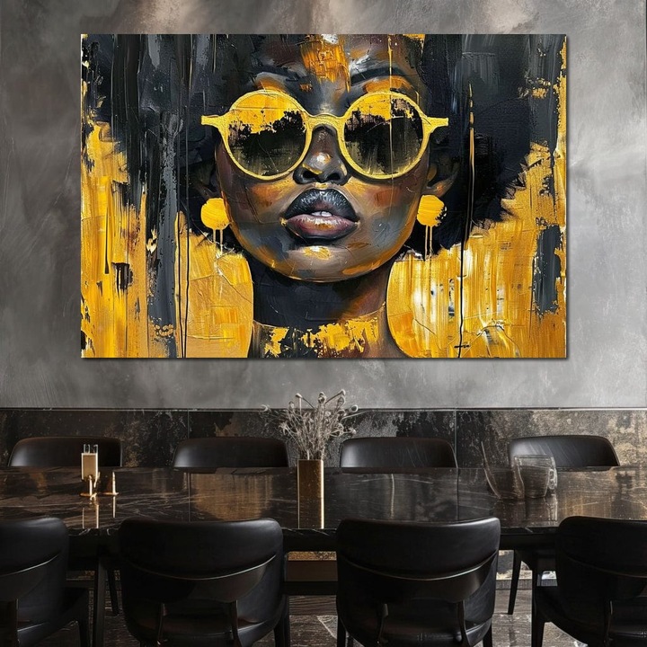 Първокласна картина на платно, LuxCanva® G1014, Модерна богиня, 80 X 120 CM, 100% памучно платно 400g/m2, дървена рамка, афро, градско, модерно, жълто, слънчеви очила, стил, всекидневна, спалня, живи цветове