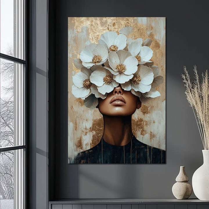 Първокласна картина на платно, LuxCanva® G1015, Флорална мечта, 60 X 90 CM, 100% памучно платно 400g/m2, Дървена рамка, Изящество, Флорално, Природа, Деликатес, Бяло, Златно, Чистота, Елегантност, Всекидневна, Спалня, Живи цветове