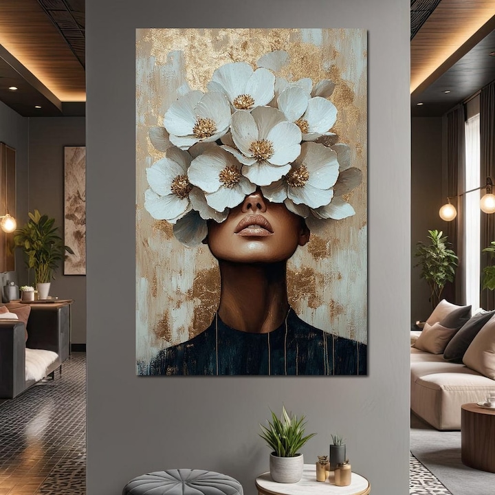 Първокласна картина на платно, LuxCanva® G1015, Флорална мечта, 90 X 120 CM, 100% памучно платно 400g/m2, Дървена рамка, Изящество, Флорално, Природа, Деликатес, Бяло, Златно, Чистота, Елегантност, Всекидневна, Спалня, Живи цветове