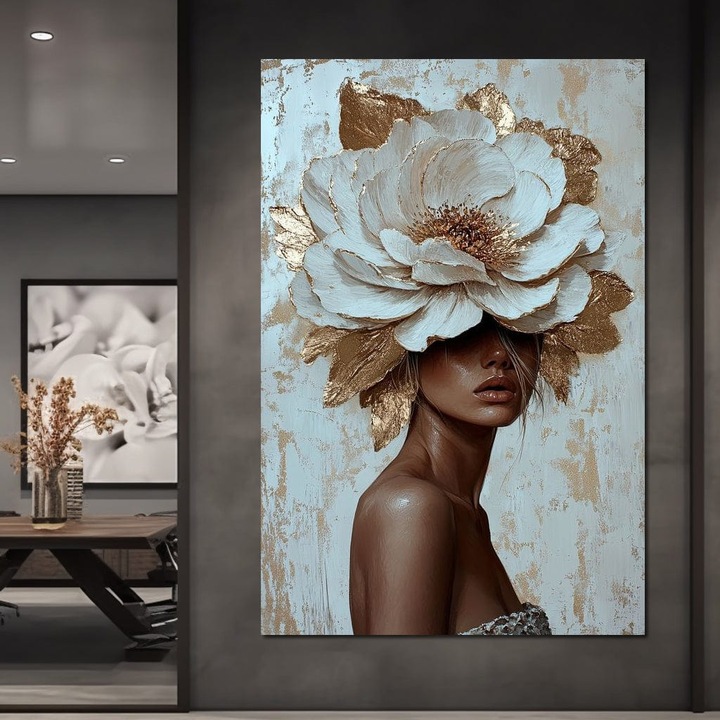 Първокласна картина на платно, LuxCanva® G1016, Кралицата на венчелистчетата, 40 X 60 CM, 100% памучно платно 400g/m2, дървена рамка, изящество, цвете, букет, деликатес, корона, злато, венчелистчета, елегантност, всекидневна, спалня, живи цветове