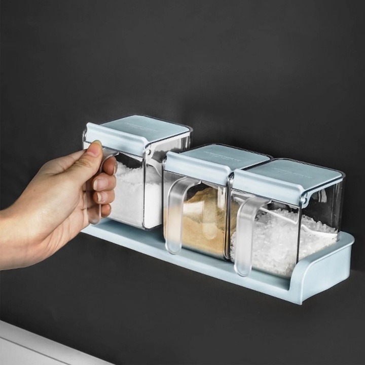 Комплект от 3 прозрачни буркана за подправки, пластмасови, непрекъснат дизайн на капака, сини, 24,7x9,4x8,1 см