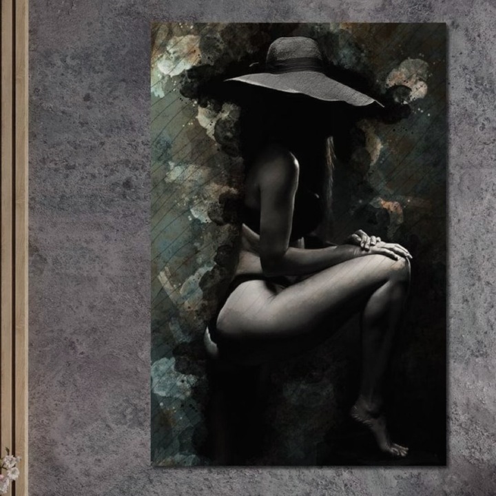 Премиум картина върху платно, LuxCanva® G1017, Под шапката на мистерията, 100 X 150 CM, 100% памучно платно 400g/m2, дървена рамка, шапка, силует, сянка, желание, чувственост, женственост, елегантност, хол, спалня, ярки цветове