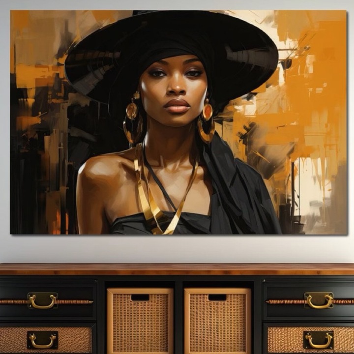 Премиум картина върху платно LuxCanva G1019, Жена в черно, 100% памучно платно 400 г/м2, Дървена рамка, 100 X 150 см