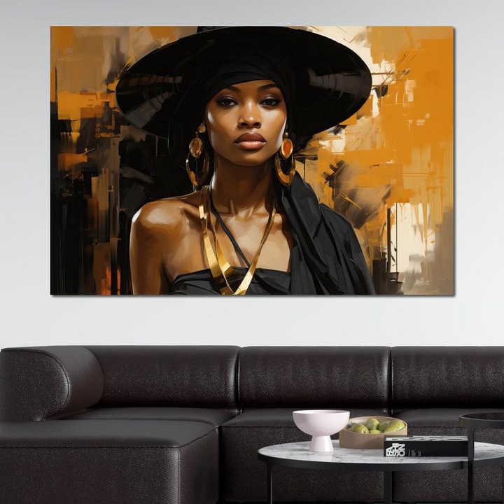 Първокласна картина на платно, LuxCanva® G1019, Жена в черно, 60 X 90 CM, 100% памучно платно 400g/m2, Дървена рамка, Енигма, Шапка, Блясък, Драматизъм, Бохемски, Изисканост, Обеци, Всекидневна, Спалня, Живи цветове
