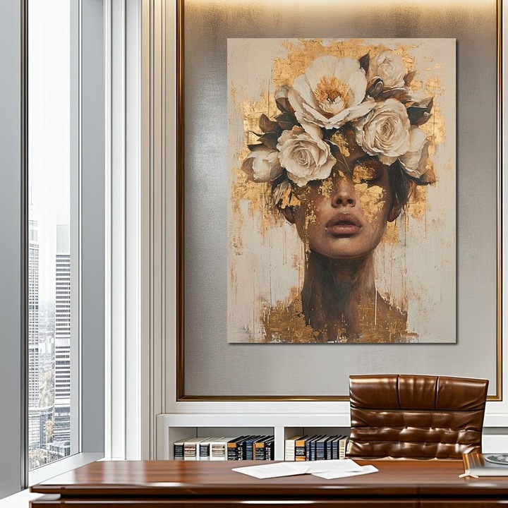 Първокласна картина на платно, LuxCanva® G1020, Метаморфоза на женствеността, 90 X 120 CM, 100% памучно платно 400g/m2, Дървена рамка, Мечтаене, Цветя, Мистериозно, Злато, Душа, Мисли, Портрет, Всекидневна, Спалня, Живи цветове