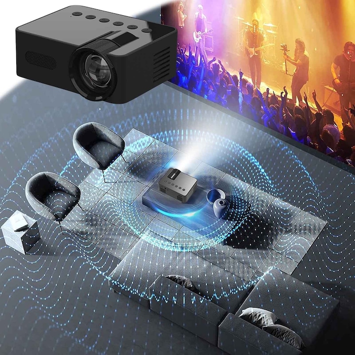YT100 мини преносим видео проектор, 1080p, поддръжка на HDMI и USB, размер на проекцията 14-100 инча, захранване от USB