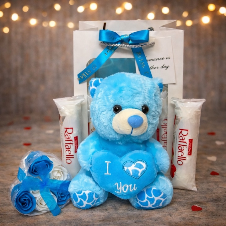Set cadou Special Valentine, cu ursulet de plus, trandafiri din sapun in cutie eleganta si praline Raffaello 80gr, Baby Blue, VELVE