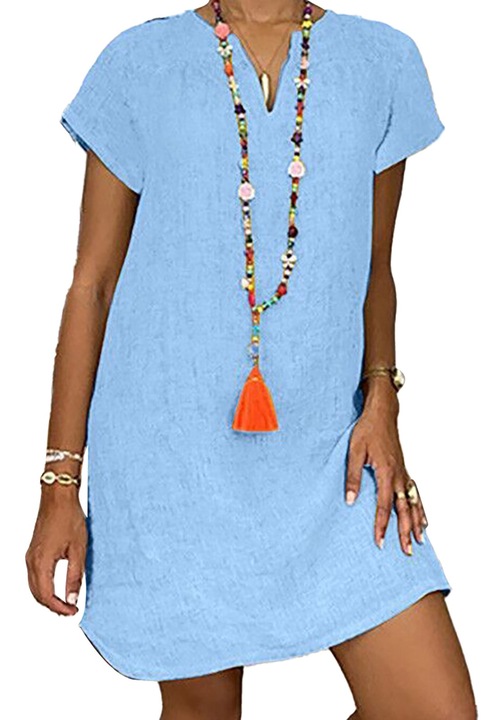 Рокля с къс ръкав, полиестер, V-образно деколте, син, Син, S