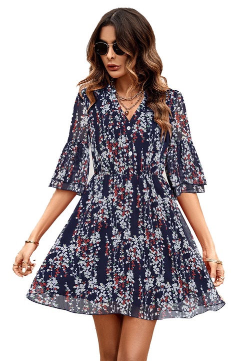 Ежедневна рокля, полиестер, V-образно деколте, модерен принт, Син, M