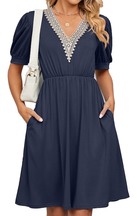 Къса дантелена рокля, буфан ръкави, странични джобове, V-образно деколте, Син