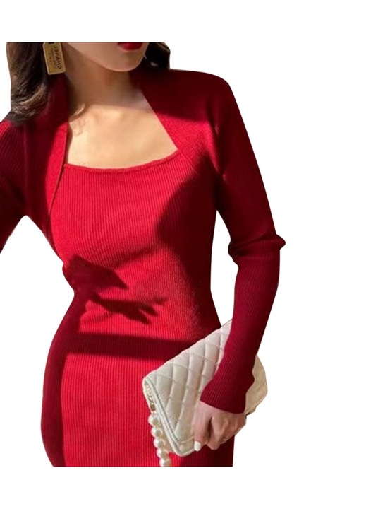 Винтидж рокля за жени, дълъг ръкав, квадратно деколте, виненочервена, изработена от дишаща материя, S INTL