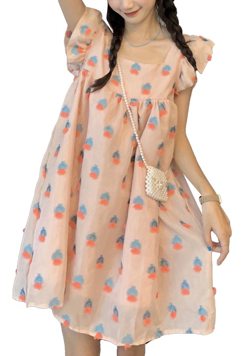 Ежедневна рокля от една част, сладък принт, къси ръкави, розово, полиестер, M INTL