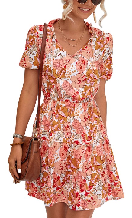 Лятна рокля, с флорален принт, V-образно деколте, полиестер, Оранжев, M