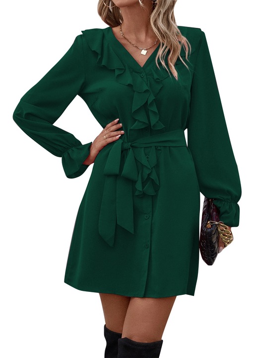 Дълга рокля с V-образно деколте, тъмнозелено, полиестер, за парти и свободно време, Зелен, XL