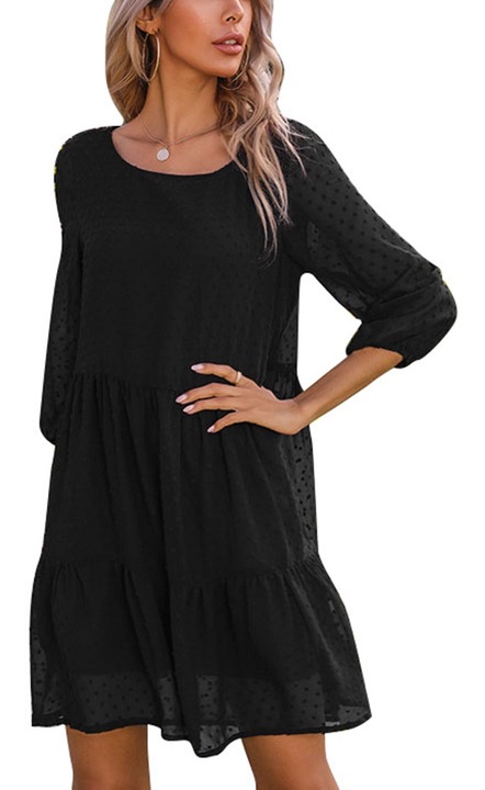 Рокля, дълъг ръкав, дантелени шевове, черна, полиестер, XL INTL