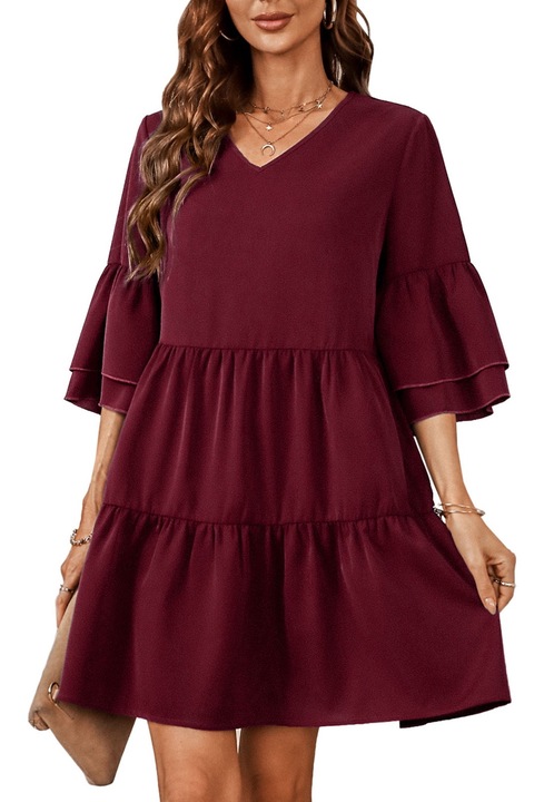 Лятна рокля, тъмно виненочервена, с волани и ръкави тип камбана, изработена от полиестер, за ежедневни поводи, M INTL