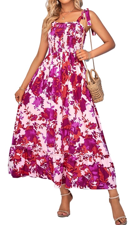 Макси рокля с презрамки, плисирана щампа, лилава, за парти, елегантност, L INTL