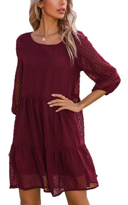 Дълга рокля, дантела, удобна, виненочервена, полиестер, S INTL