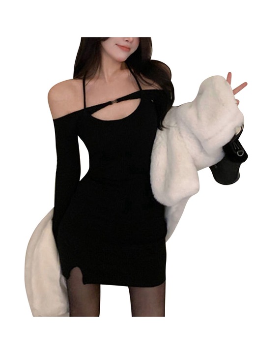 Къса рокля, черна, с дълги ръкави, широко деколте, M INTL