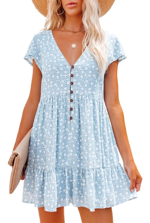 Рокля, флорален принт, V-образно деколте, синя, лятна