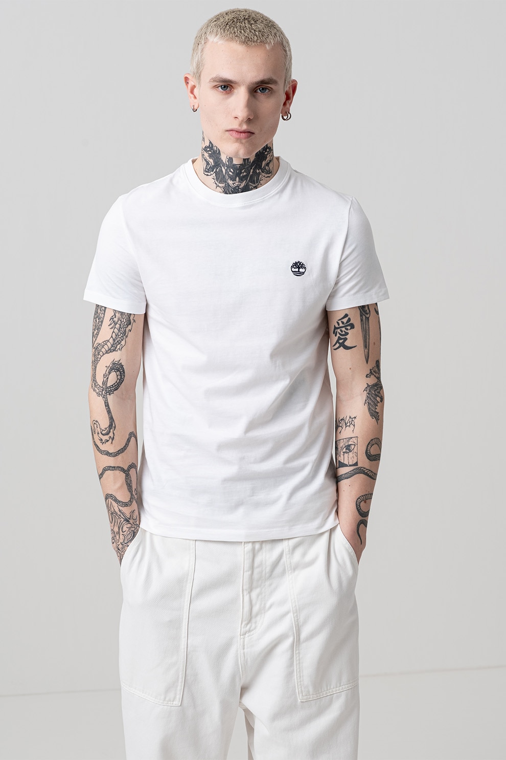 Timberland, Tricou slim fit din bumbac Dun-River, Alb, L