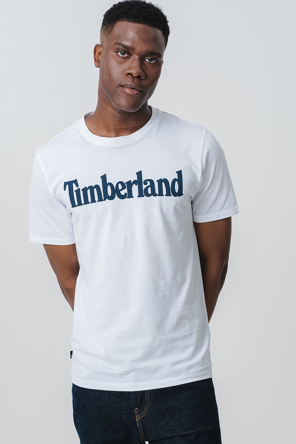 Timberland, Tricou cu imprimeu logo Linear, Alb, Bleumarin, XL
