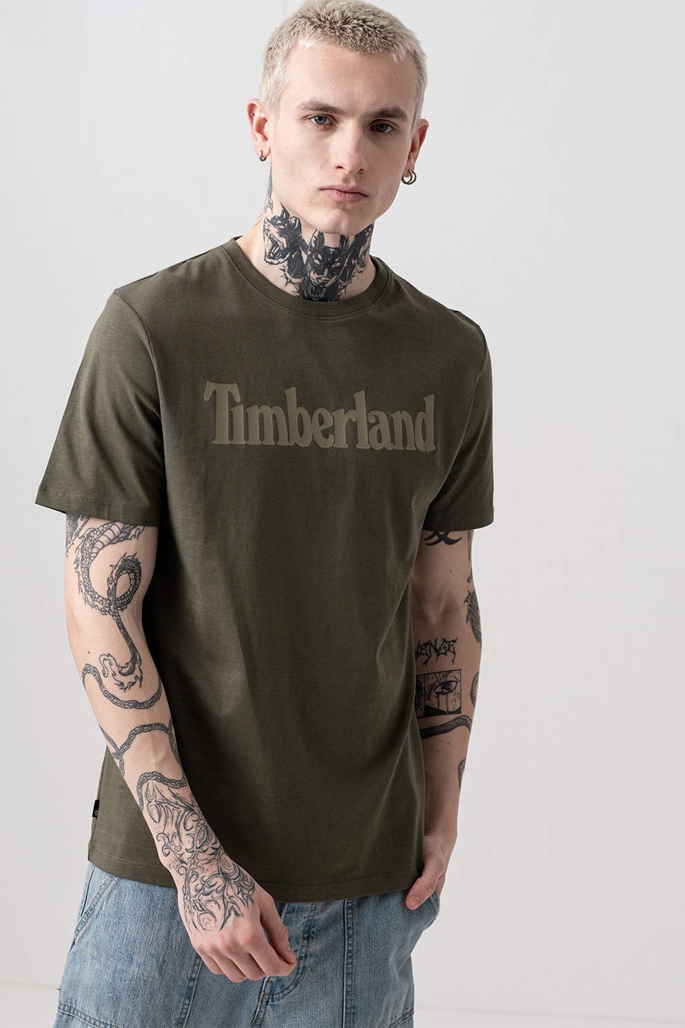 Timberland, Tricou cu imprimeu logo Linear, verde militar inchis, L