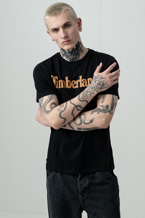 Timberland, Тениска Linear с лого, Черен/Карамел