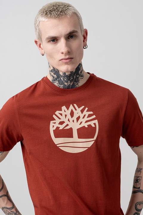 Timberland, Тениска Kennebec River Tree от памук с лого, Бежов/Керемидено червено