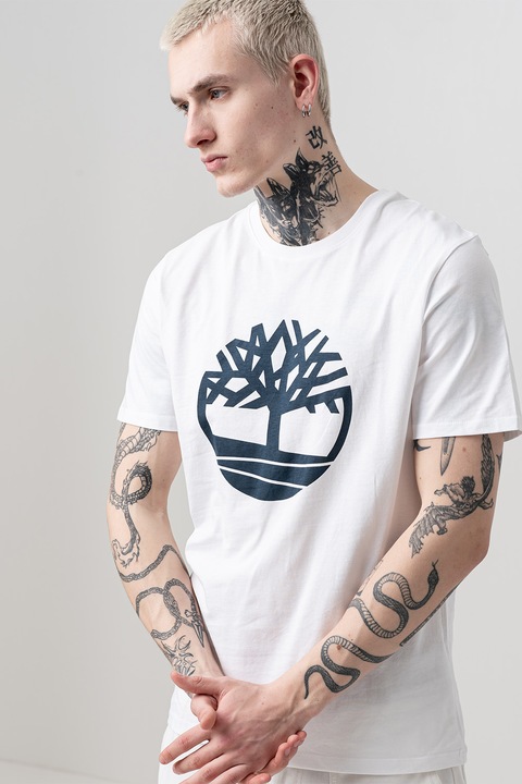 Timberland, Памучна тениска с лого, Бял/Ултрамарин синьо