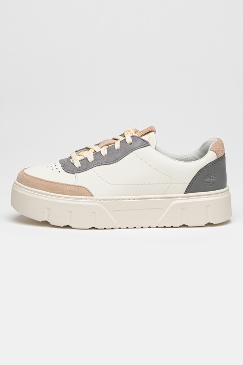 Timberland, Pantofi sport de piele cu insertii de piele intoarsa Laurel Court, Alb optic/Gri inchis