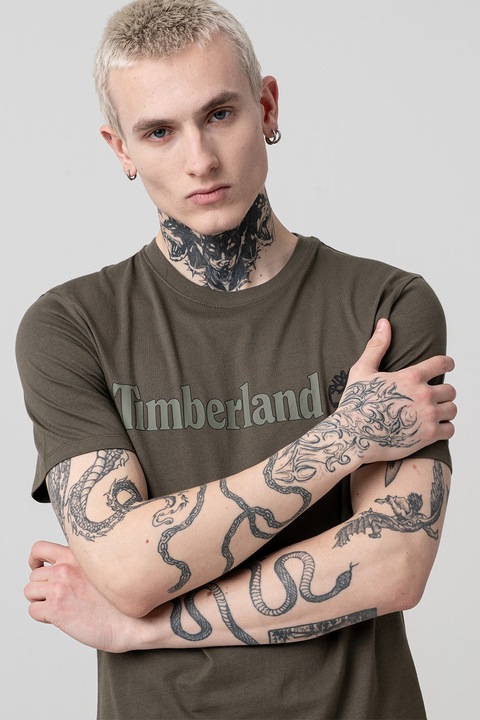 Timberland, Тениска Linear с овално деколте и лого, Тъмно каки