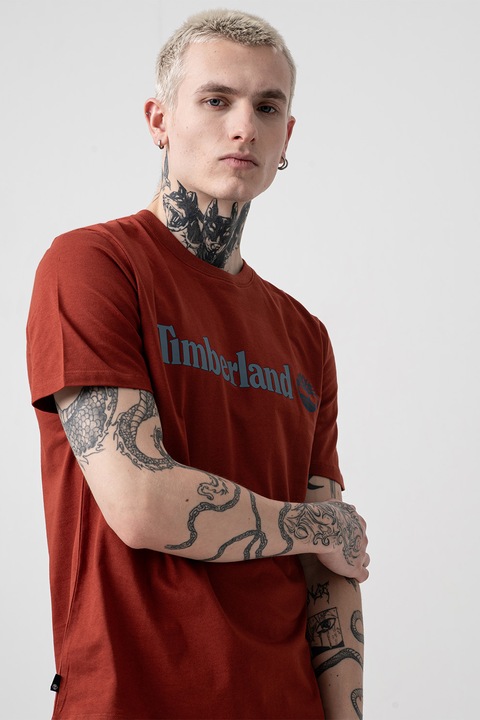 Timberland, Тениска Linear с овално деколте и лого, Керемидено червено/Син