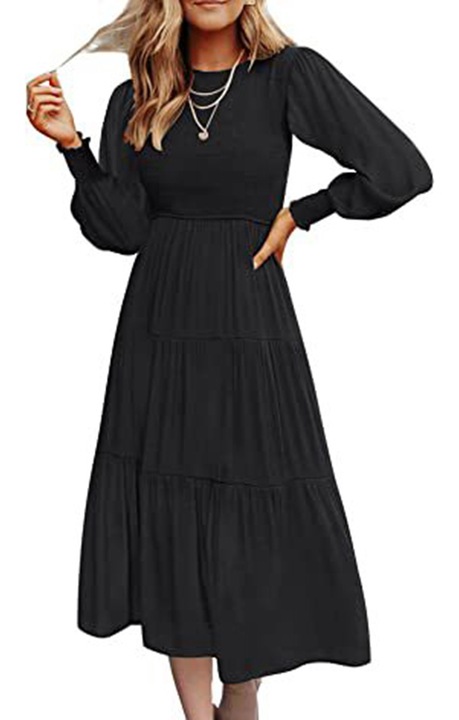 Ежедневна рокля, многослойна, черна, от полиестер, Черен