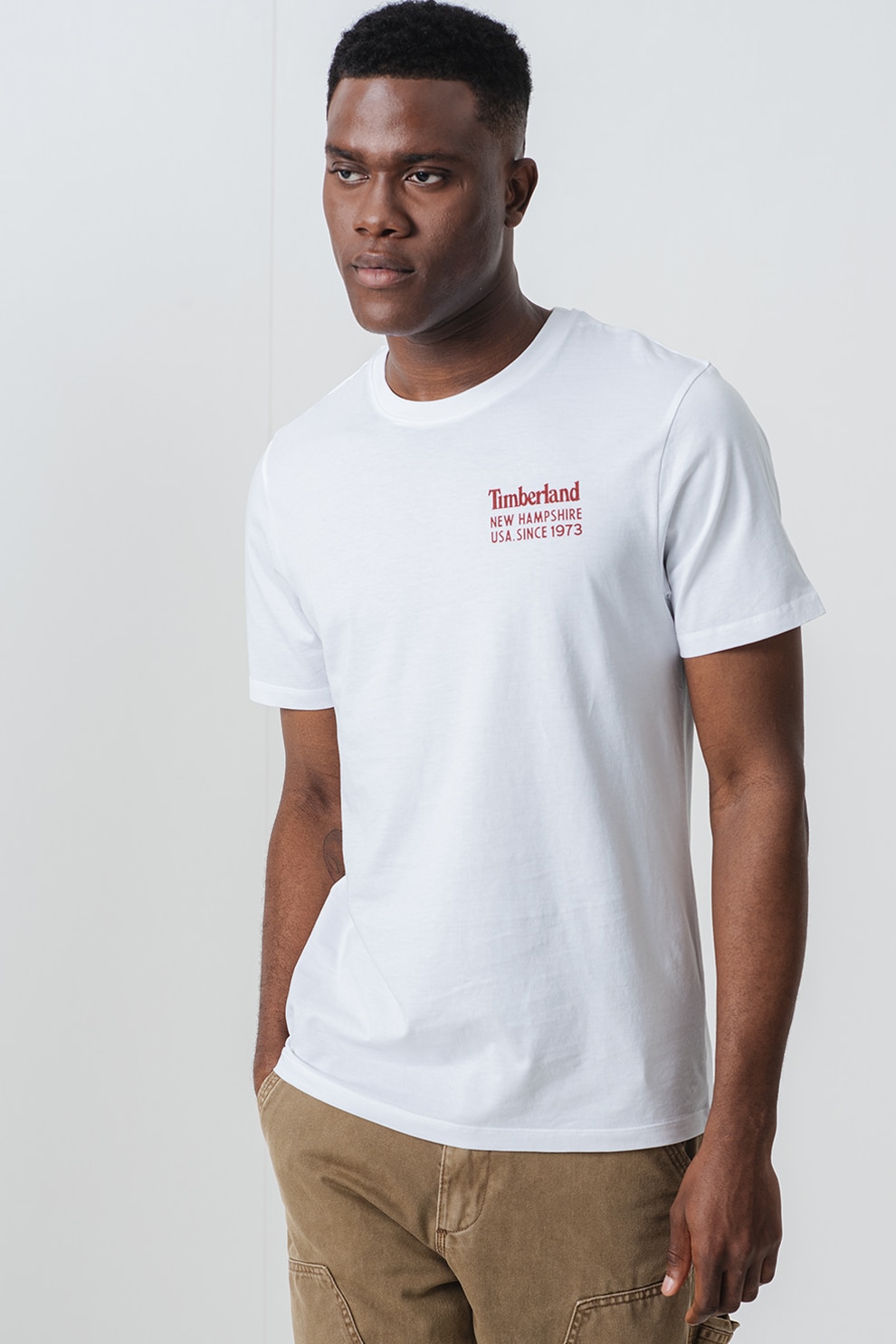 Timberland, Tricou cu decolteu la baza gatului si design pe spate, Alb, Caramiziu, XL