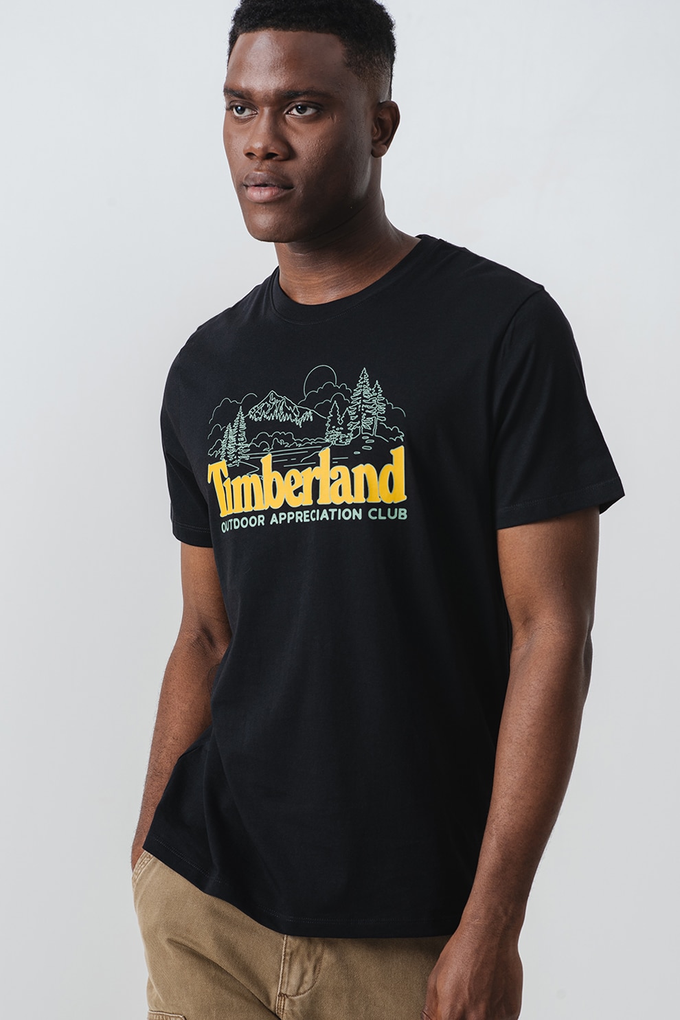 Timberland, Tricou cu decolteu la baza gatului si logo, Negru, Galben inchis, M