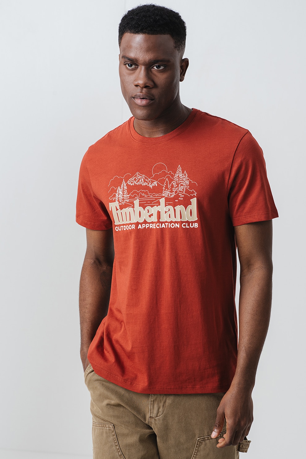 Timberland, Tricou cu decolteu la baza gatului si logo, Caramiziu, XL