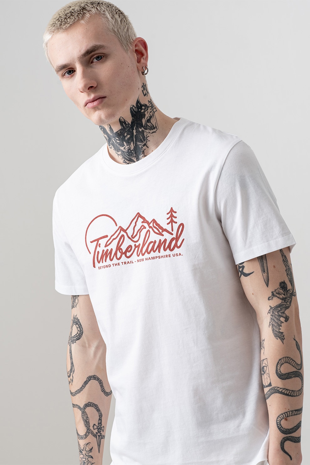 Timberland, Tricou cu logo si decolteu la baza gatului, Alb, Visiniu, XL