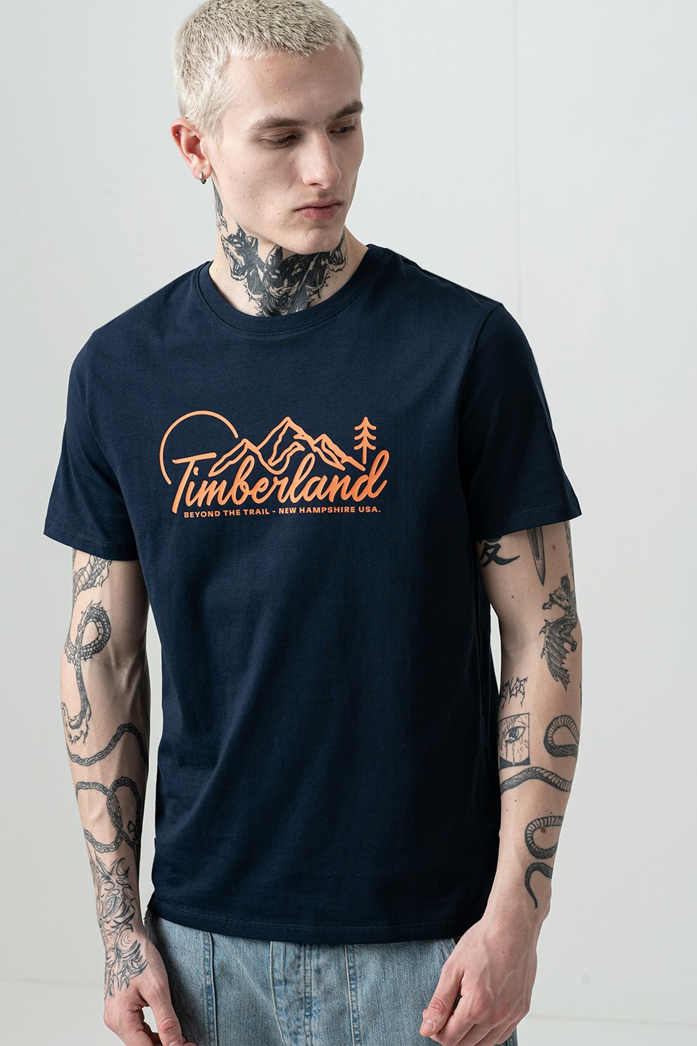 Timberland, Tricou cu logo si decolteu la baza gatului, Portocaliu mandarina, Bleumarin, M